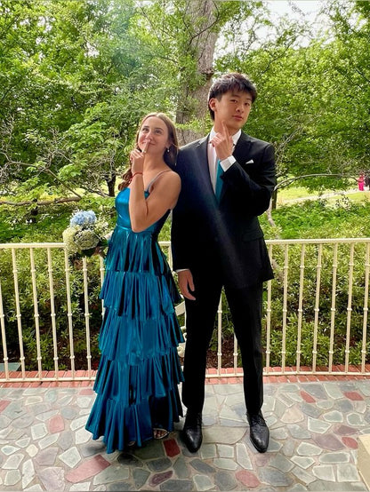 Elegant A Line Spaghetti Straps Satin Tiered Long Prom Dress,Evening Dress GG2041