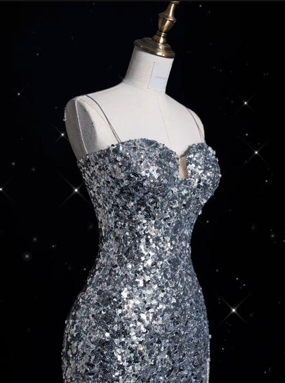Sparkly Mermaid Spaghetti Straps Silver Sequin Slit Long Prom Dress,Evening Dress GG2048