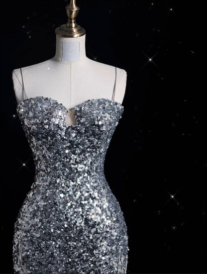 Sparkly Mermaid Spaghetti Straps Silver Sequin Slit Long Prom Dress,Evening Dress GG2048