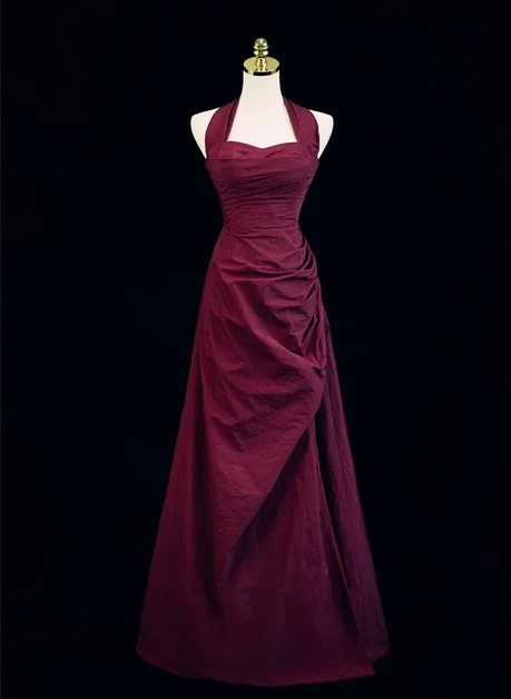 Elegant A Line Wine Red Halter Sweetheart Taffeta Fold Long Prom Dress, Evening Dress GG204