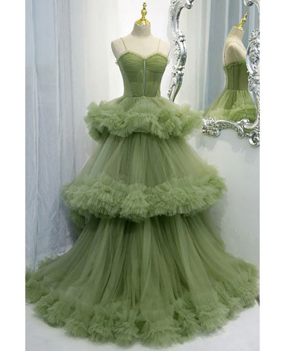 Pretty Ball Gown Spaghetti Straps Tulle Tiered Long Prom Dress,Wedding Dress,Evening Dress GG2060