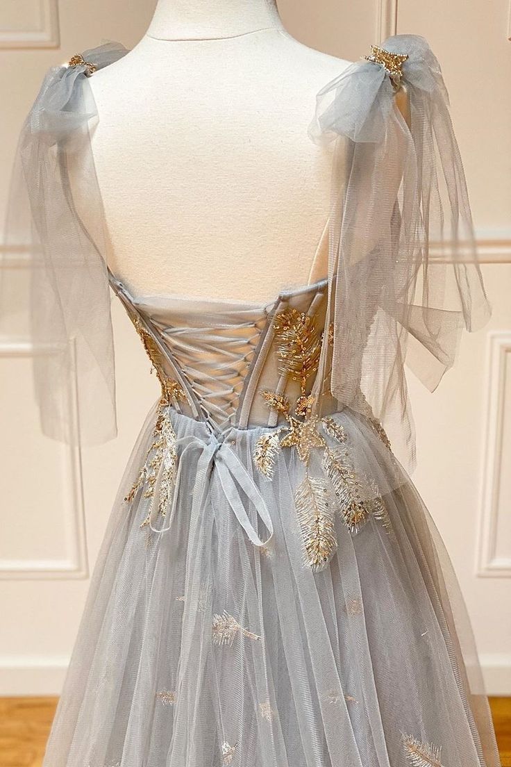 Fairy A Line Spaghetti Straps Gray Tulle Applique Long Prom Dress,Evening Dress GG2062