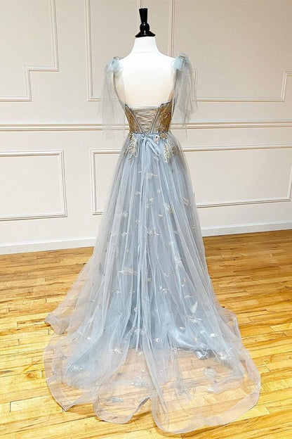 Fairy A Line Spaghetti Straps Gray Tulle Applique Long Prom Dress,Evening Dress GG2062
