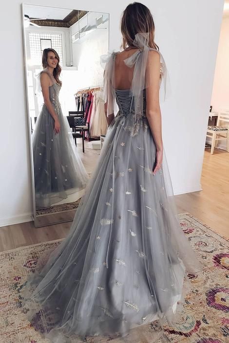 Fairy A Line Spaghetti Straps Gray Tulle Applique Long Prom Dress,Evening Dress GG2062