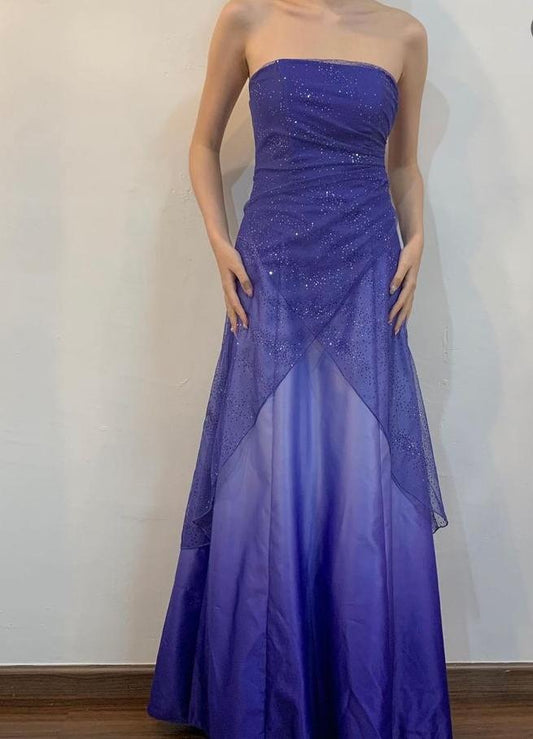 Charming A Line Strapless Purple Satin Tulle Beaded Long Prom Dress,Evening Dress GG2067