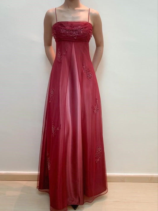 Elegant A Line Spaghetti Straps Red Satin Tulle Applique Long Prom Dress,Evening Dress GG2068