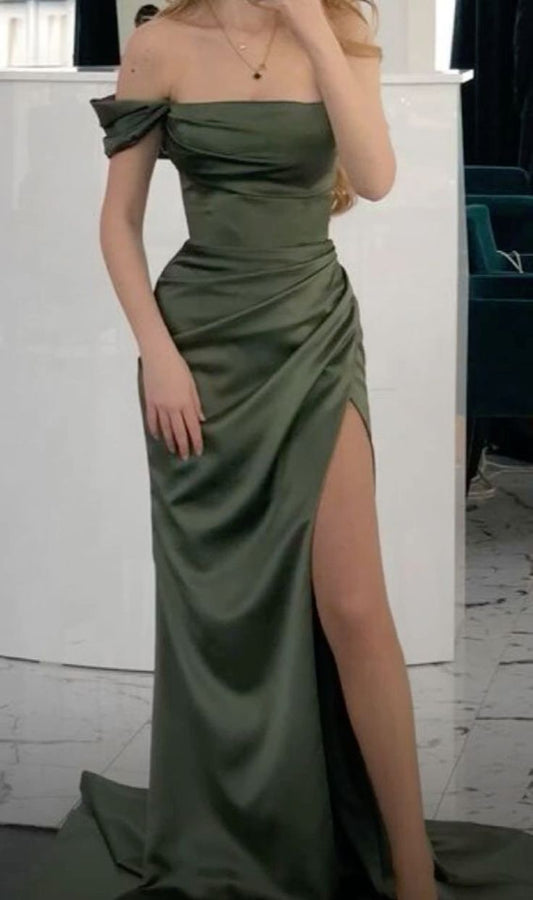 Chic Mermaid Off The Shoulder Green Satin Pleated Slit Long Prom Dress,Evening Dress GG2074