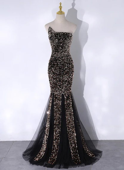 Exquisite Black Mermaid Strapless Sequins Tulle Long Prom Dress, Evening Dress GG207