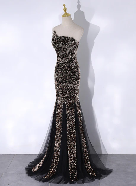 Exquisite Black Mermaid Strapless Sequins Tulle Long Prom Dress, Evening Dress GG207