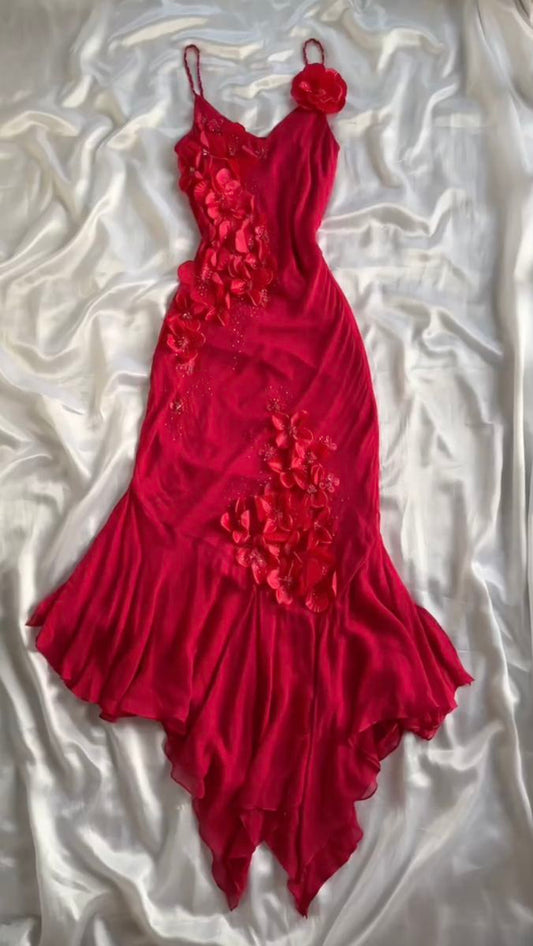 Chic Mermaid Spaghetti Straps Red Chiffon Applique Long Prom Dress,Evening Dress GG2089