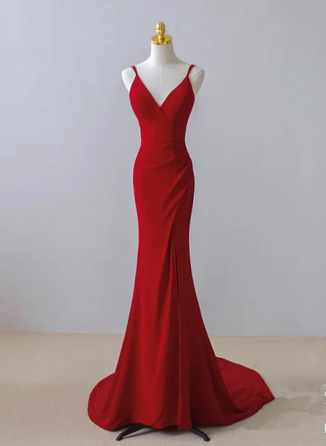 Pretty Red Mermaid Spaghetti Straps Split Long Sweep Prom Dress, Evening Dress  GG208