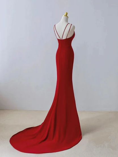 Pretty Red Mermaid Spaghetti Straps Split Long Sweep Prom Dress, Evening Dress  GG208