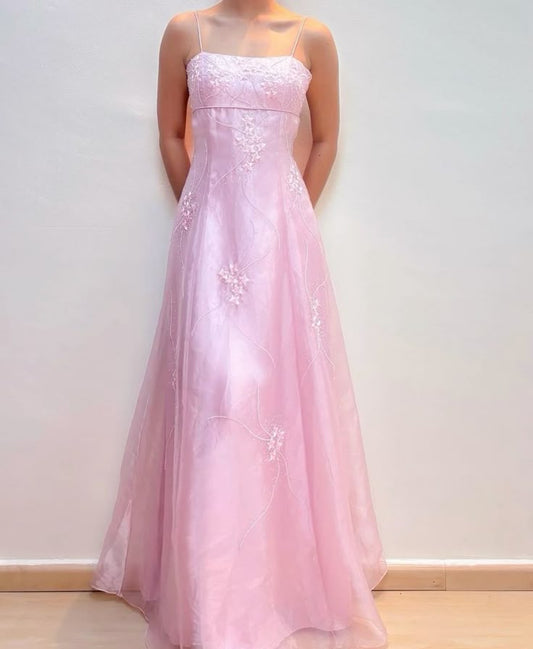 Classy A Line Spaghetti Straps Pink Satin Chiffon Applique Long Prom Dress,Evening Dress GG2091