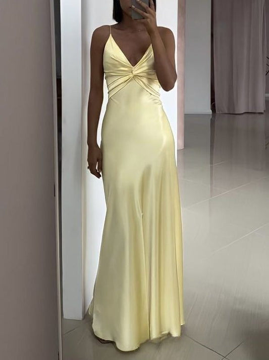 Classy Mermaid Spaghetti Straps Pastel Yellow Satin Pleated Long Prom Dress,Evening Dress GG2094