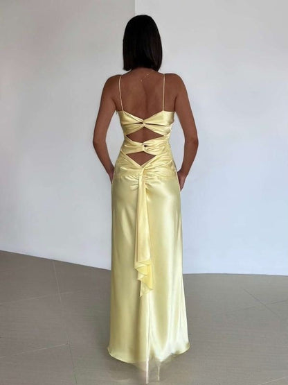 Classy Mermaid Spaghetti Straps Pastel Yellow Satin Pleated Long Prom Dress,Evening Dress GG2094