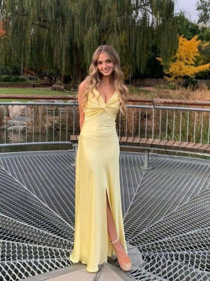Classy Mermaid Spaghetti Straps Pastel Yellow Satin Pleated Long Prom Dress,Evening Dress GG2094