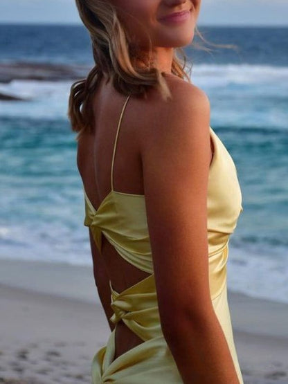 Classy Mermaid Spaghetti Straps Pastel Yellow Satin Pleated Long Prom Dress,Evening Dress GG2094