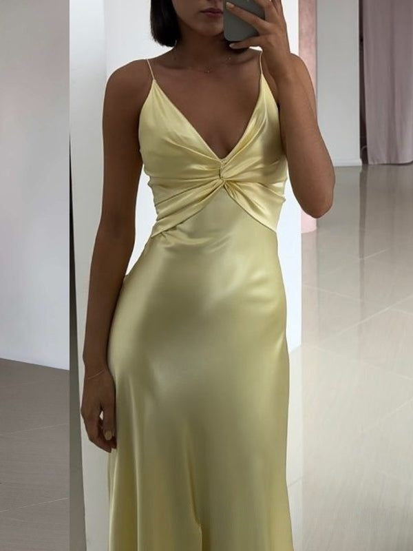Classy Mermaid Spaghetti Straps Pastel Yellow Satin Pleated Long Prom Dress,Evening Dress GG2094