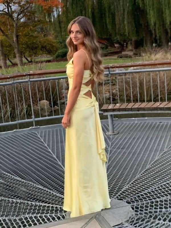 Classy Mermaid Spaghetti Straps Pastel Yellow Satin Pleated Long Prom Dress,Evening Dress GG2094