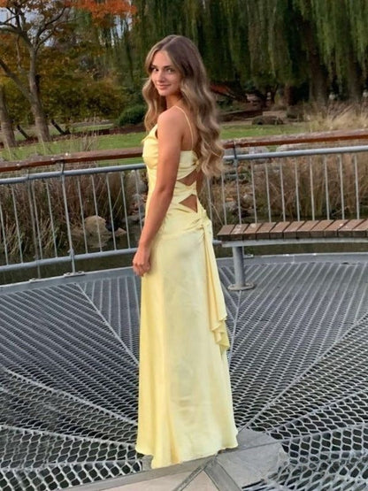 Classy Mermaid Spaghetti Straps Pastel Yellow Satin Pleated Long Prom Dress,Evening Dress GG2094