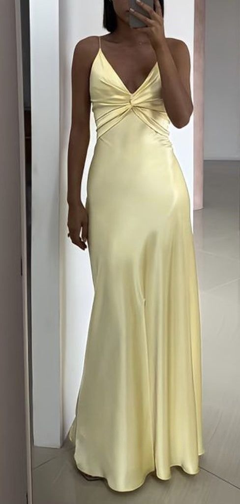 Classy Mermaid Spaghetti Straps Pastel Yellow Satin Pleated Long Prom Dress,Evening Dress GG2094