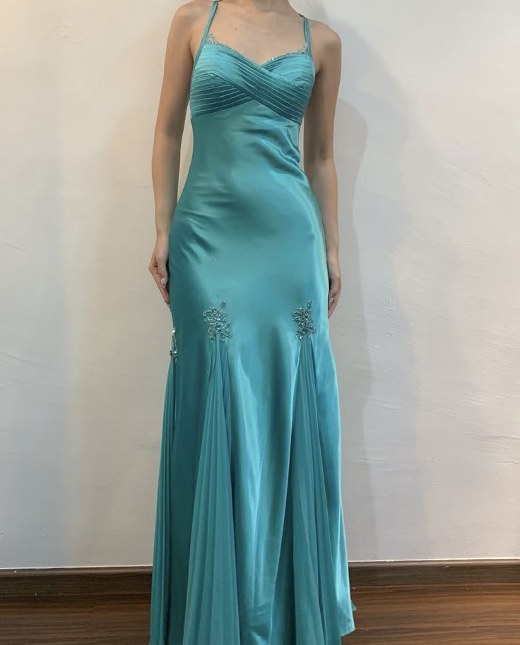 Classy Mermaid Halter Straps Turquoise Satin Pleated Long Prom Dress,Evening Dress GG2095