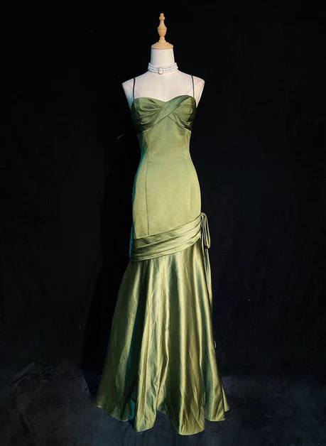 Elegant A Line Spaghetti Straps Green Satin Sweetheart  Long Prom Dress, Evening Dress   GG209