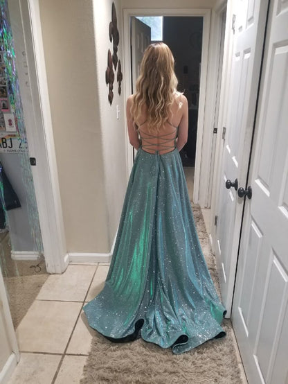 Glitter A Line Spaghetti Straps Satin Sequin Long Prom Dress,Evening Dress GG2107