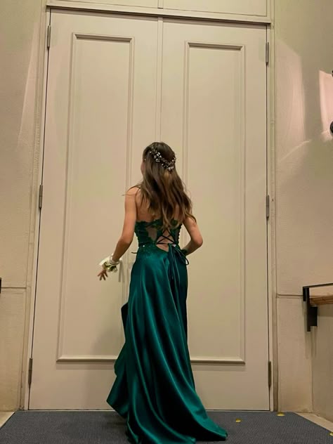 Classy A Line Spaghetti Straps Dark Green Satin Lace Beaded Long Prom Dress,Evening Dress GG2108