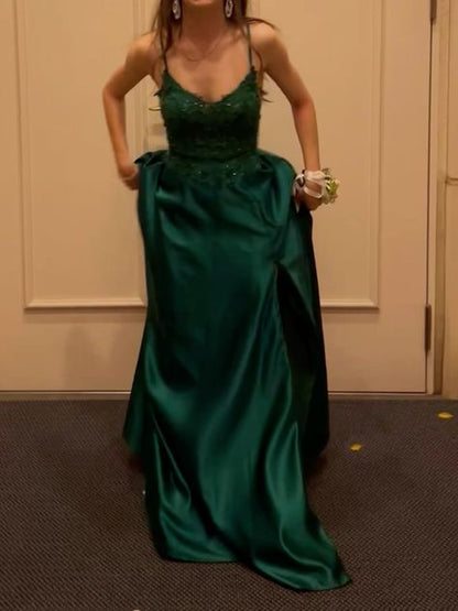 Classy A Line Spaghetti Straps Dark Green Satin Lace Beaded Long Prom Dress,Evening Dress GG2108