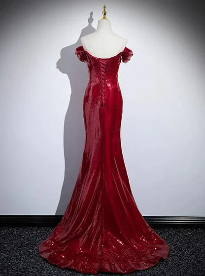 Shiny Mermaid Red Sequins Off The Shoulder Split Long Prom Dresses ,Evening Dresses GG211