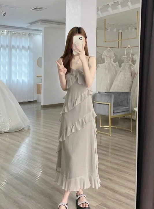 Classy A Line Spaghetti Straps Chiffon Ruffles Long Prom Dress,Evening Dress GG2114