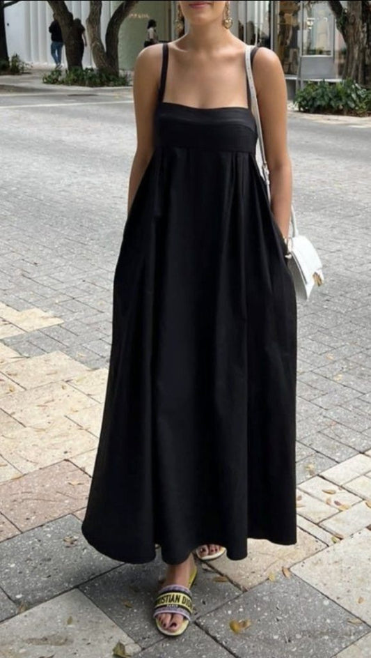 Unique Spaghetti Straps Square Black Satin With Pocket Long Prom Dress,Evening Dress GG2118