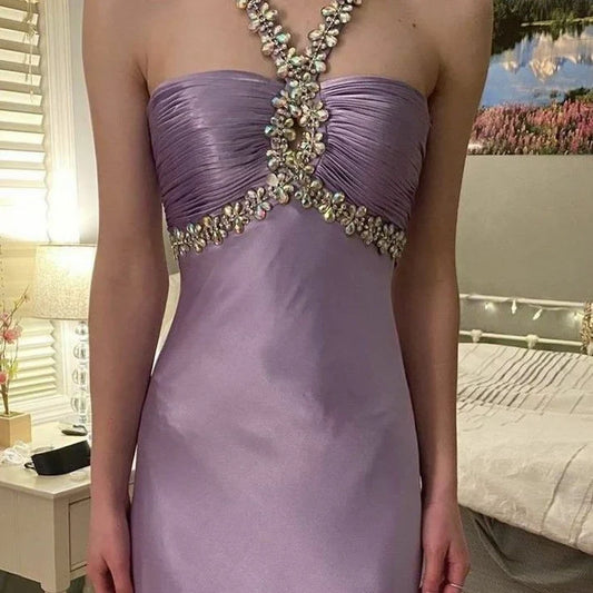 Classy Mermaid Halter Lilac Satin Rhinestone Long Prom Dress,Evening Dress GG2126