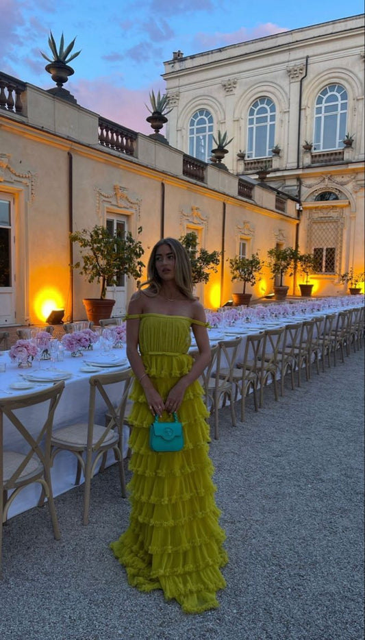 Unique A Line Off The Shoulder Tulle Tiered Long Prom Dress,Evening Dress GG2127