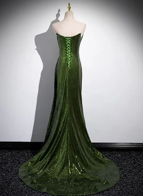 Shiny Mermaid Strapless Green Sequins Split Long  Prom Dress, Evening Dresses GG212