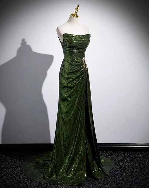 Shiny Mermaid Strapless Green Sequins Split Long  Prom Dress, Evening Dresses GG212
