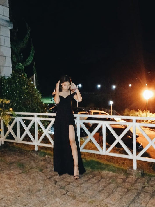 Pretty A Line Off The Shoulder Black Satin Slit Long Prom Dress,Evening Dress GG2135