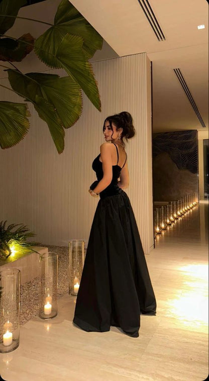 Classy A Line Spaghetti Straps Black Satin Long Prom Dress,Evening Dress GG2137