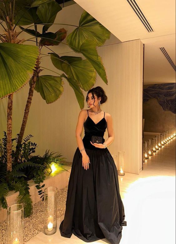 Classy A Line Spaghetti Straps Black Satin Long Prom Dress,Evening Dress GG2137