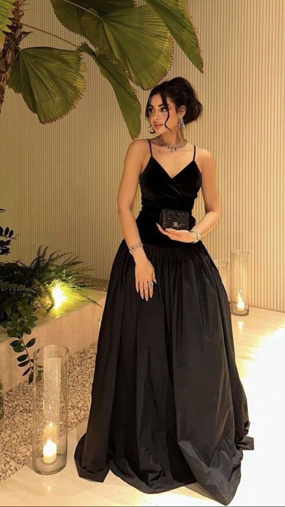 Classy A Line Spaghetti Straps Black Satin Long Prom Dress,Evening Dress GG2137
