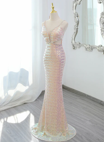 Lovely Sequins Mermaid V Neckline Straps  Pearl Long  Prom Dress, Evening Dresses GG213