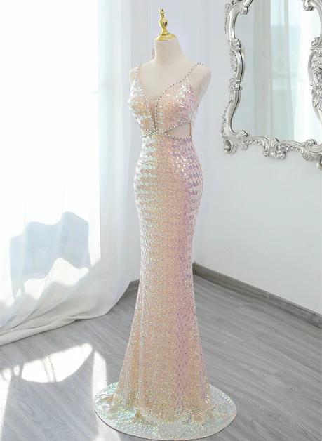Lovely Sequins Mermaid V Neckline Straps  Pearl Long  Prom Dress, Evening Dresses GG213