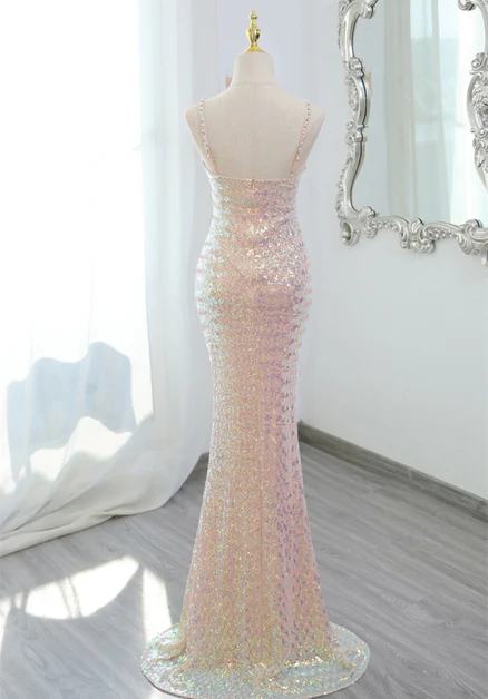 Lovely Sequins Mermaid V Neckline Straps  Pearl Long  Prom Dress, Evening Dresses GG213