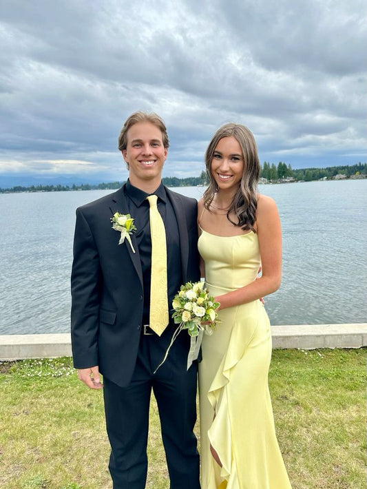 Classy Mermaid Spaghetti Straps Pastel Yellow Satin Ruffles Slit Long Prom Dress,Evening Dress GG2140