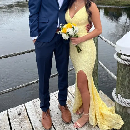 Pretty Mermaid Spaghetti Straps Pastel Yellow Satin Lace Slit Long Prom Dress,Evening Dress GG2141