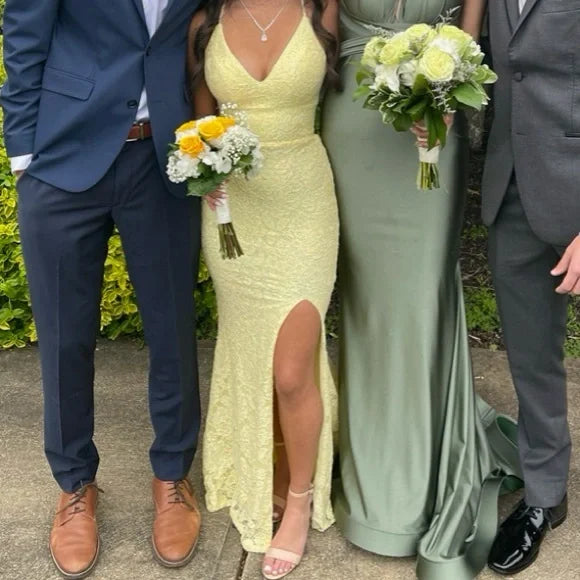 Pretty Mermaid Spaghetti Straps Pastel Yellow Satin Lace Slit Long Prom Dress,Evening Dress GG2141