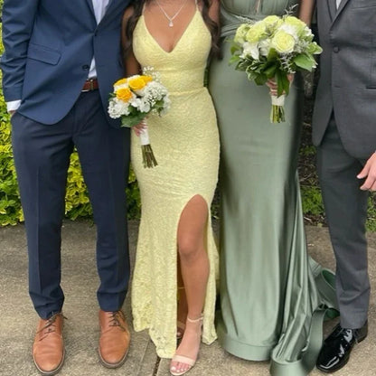 Pretty Mermaid Spaghetti Straps Pastel Yellow Satin Lace Slit Long Prom Dress,Evening Dress GG2141