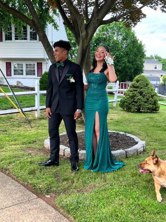 Gorgeous Mermaid Spaghetti Straps Dark Green Satin Sequin Slit Long Prom Dress,Evening Dress GG2143