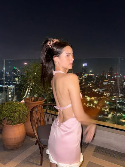 Unique Mermaid Halter Pink Satin Short Prom Dress,Homecoming Dress,Evening Dress GG2147